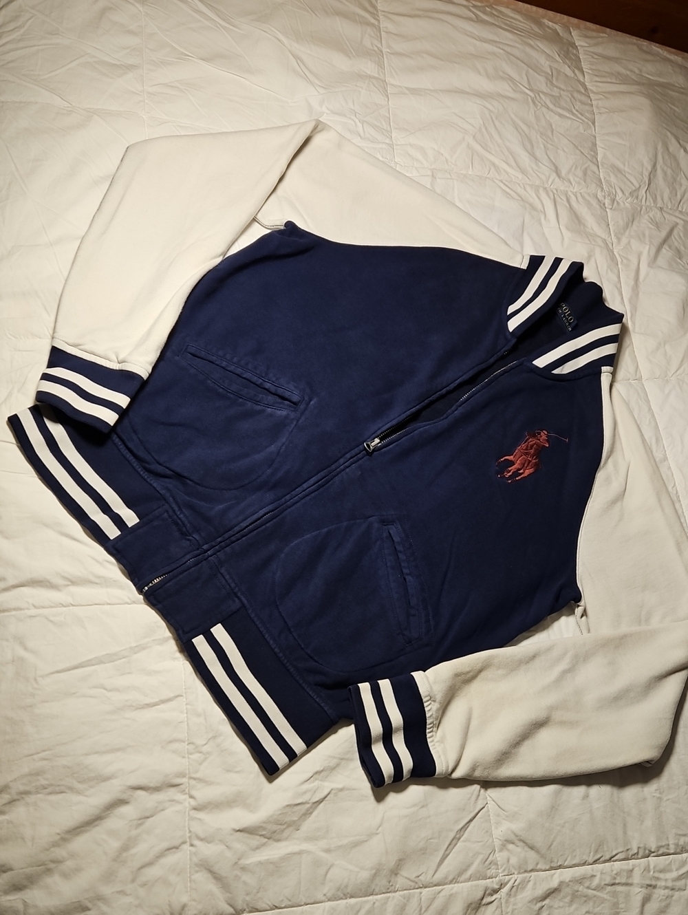 Ralph Lauren Navy Blue and White Varsity Zip-Up Sweatshirt with Red Pony